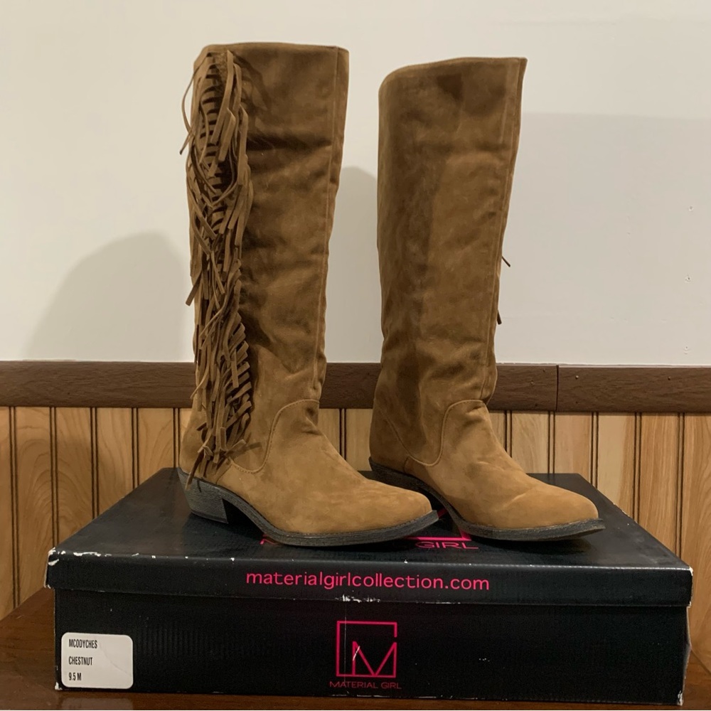 NIB Brown Faux Suede Tall Fringe Boots Madonna’s Material Girl Brand  (9.5)